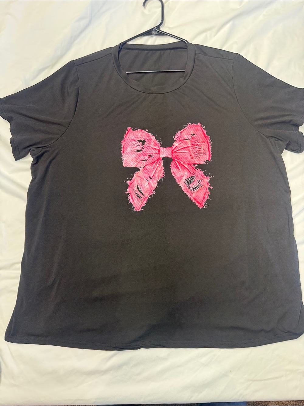 Black Short Sleeve Tee with Pink Distressed Bow Graphic